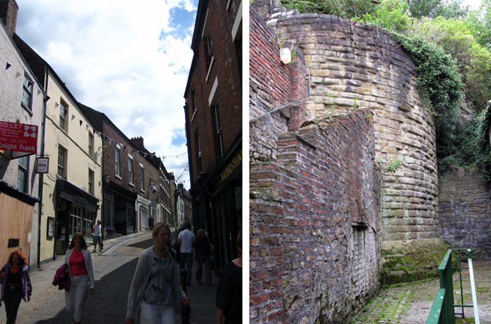 These two images show what remains of the Great North Gate today: not much. Left: except for a bend in the street and a sharp rise in street level, there is little to indicate that the North Gate stood here (although the basement of what is now Varsity Pub, still retains some of the old stonework). Right: the only major surviving element of the gate is one bastion in a back alley of one of the houses off Saddler Street. It indicates the scale of the destroyed structure.